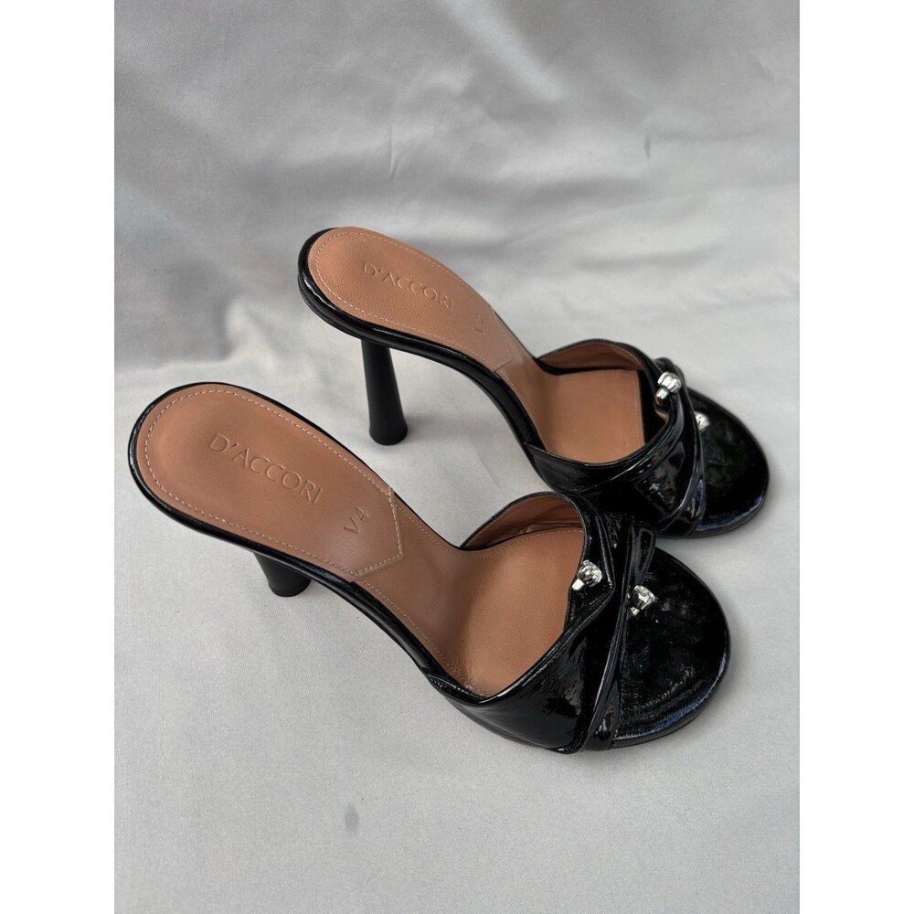 D'Accori Black Patent Leather Open Toe Mule Stiletto Heels 6.5